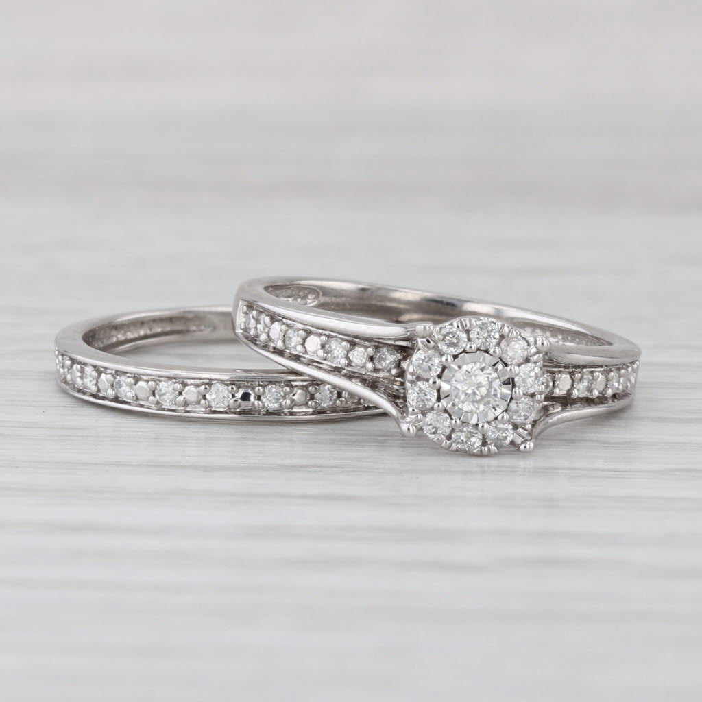 0.35ctw Diamond Halo Engagement Ring Wedding Band Bridal Set Sz 7 10k White Gold