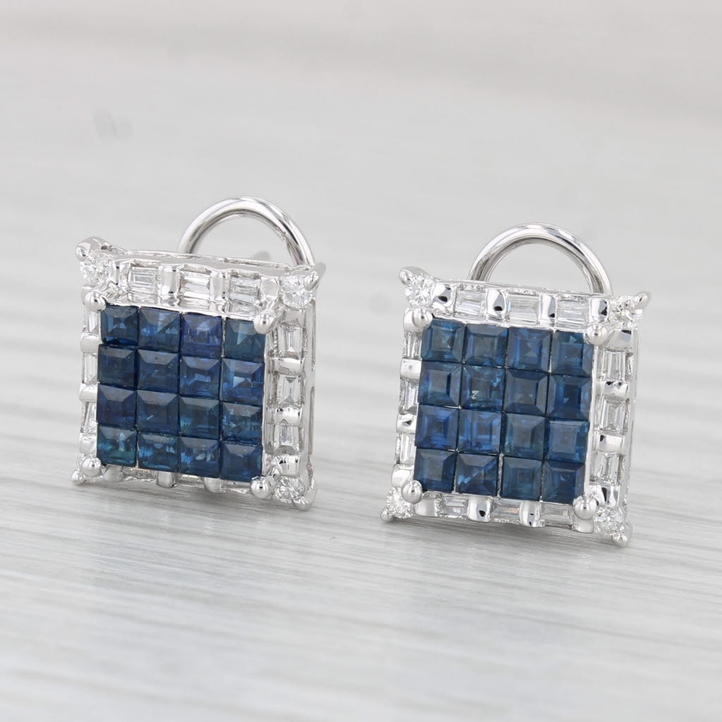 Light Gray 1.62ctw Blue Sapphire Diamond Halo Earrings 18k White Gold Omega Backs