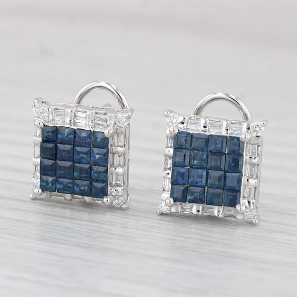 1.62ctw Blue Sapphire Diamond Halo Earrings 18k White Gold Omega Backs