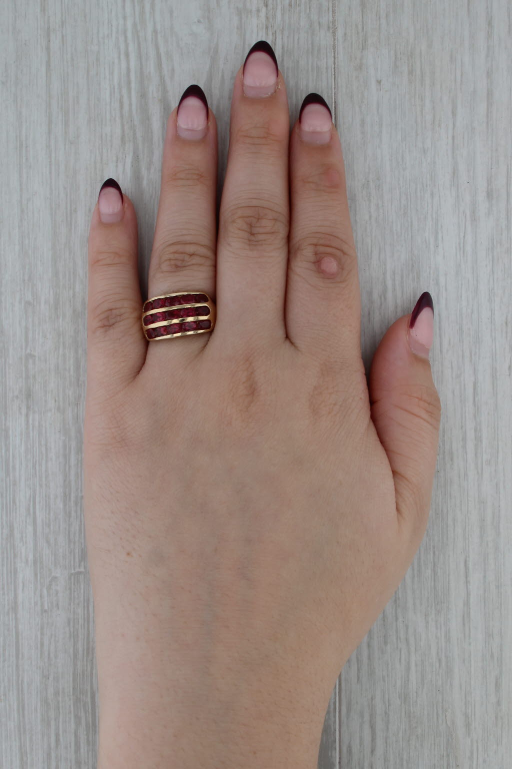 2.55ctw 3-Row Rubellite Tourmaline Ring 14k Yellow Gold Size 7