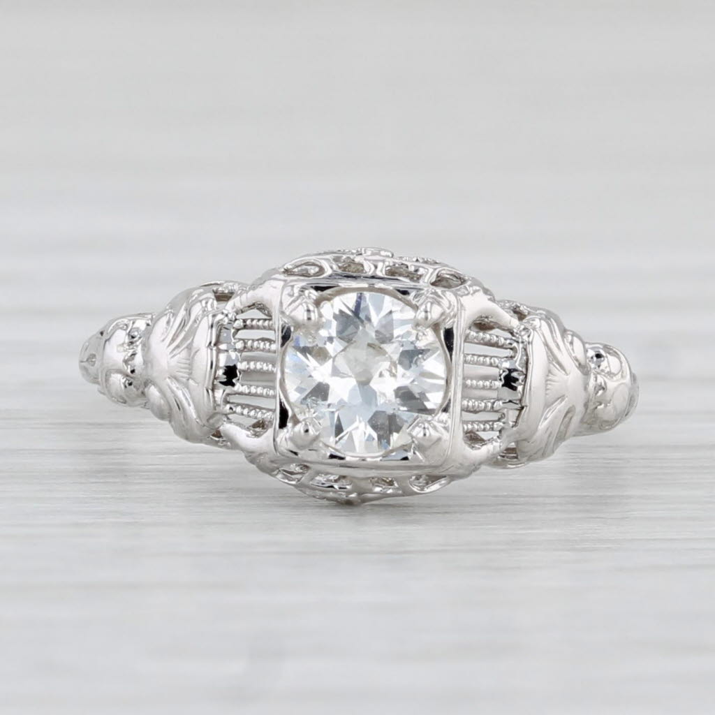 Light Gray Vintage Art Deco 0.44ct Diamond Engagement Ring 18k White Gold Filigree Sz 5.75