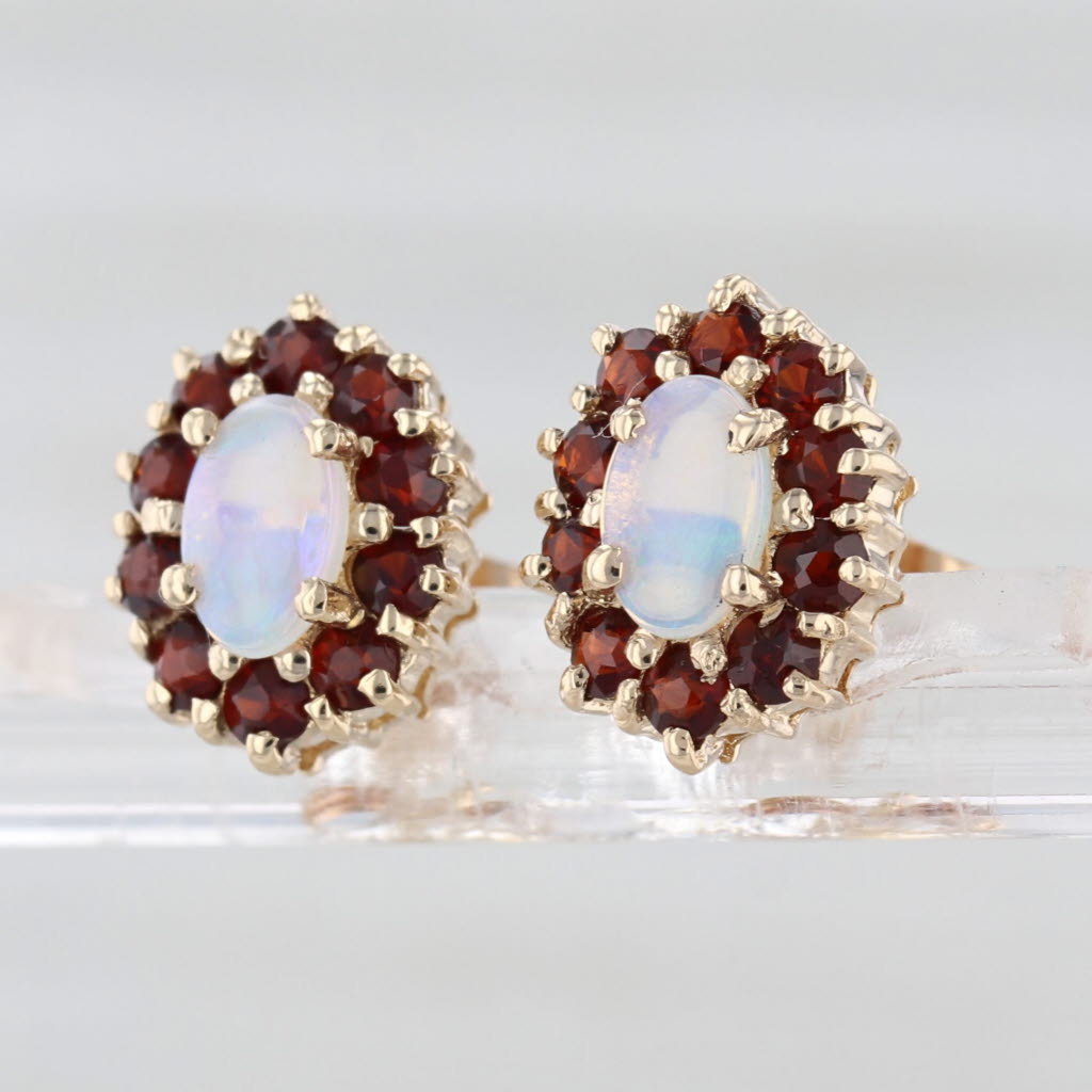 Oval Cabochon Opal Garnet Halo Stud Earrings 14k Yellow Gold Studs