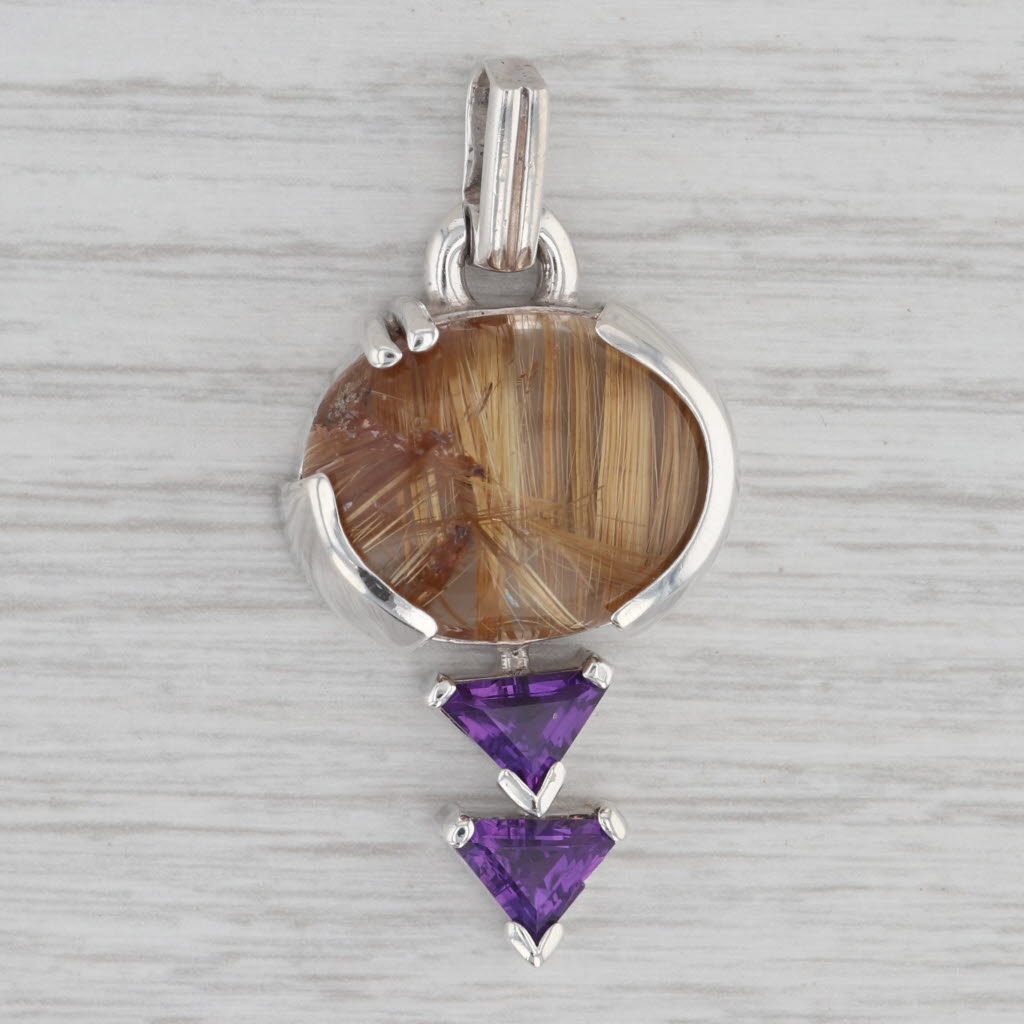 Gray Rutilated Quartz Amethyst Statement Pendant Sterling Silver