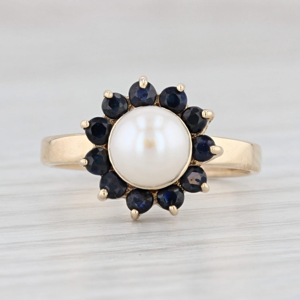 Light Gray Cultured Pearl Blue Sapphire Halo Ring 14k Yellow Gold Size 5