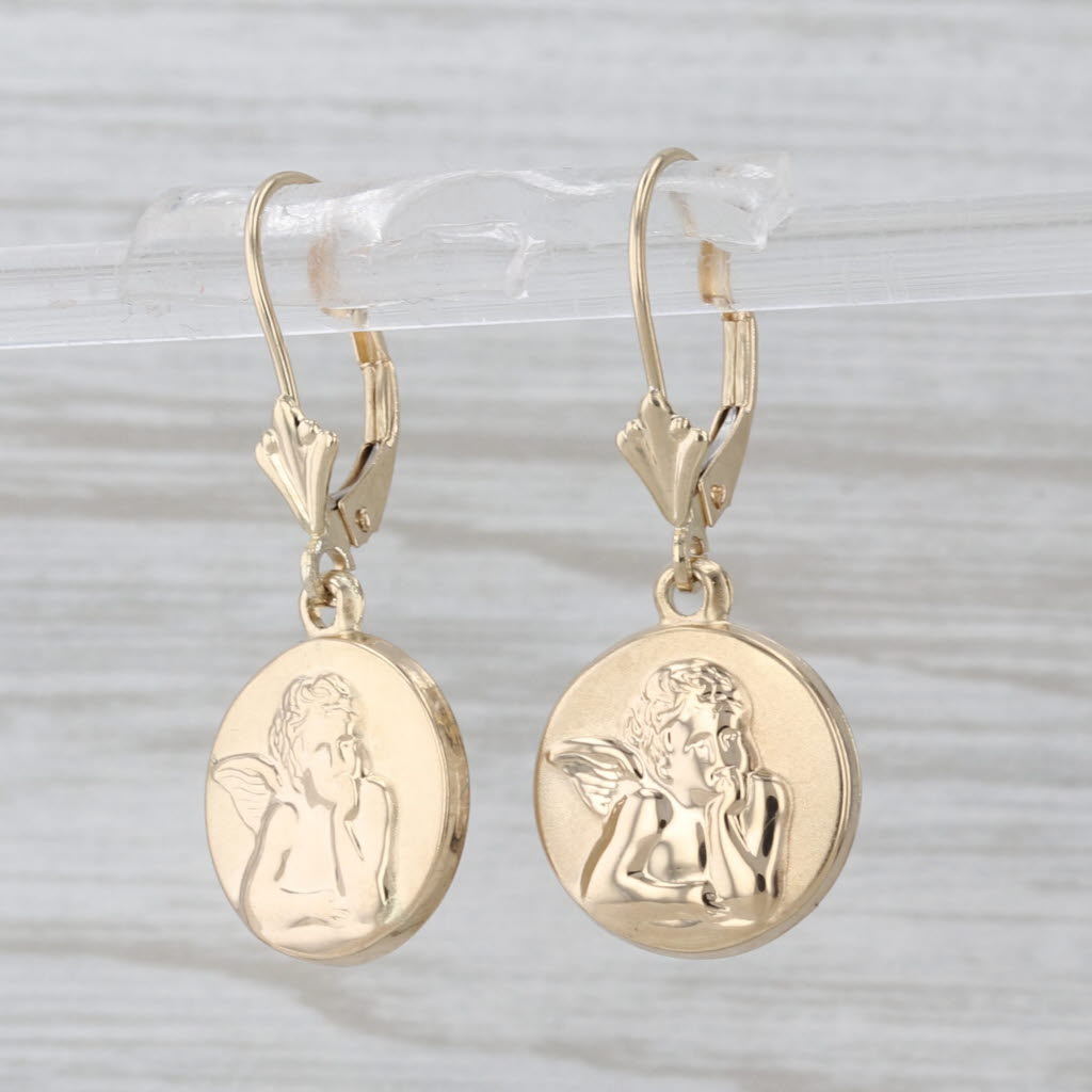 Guardian Angel Cherub Dangle Earrings 14k Yellow Gold Pierced Drops