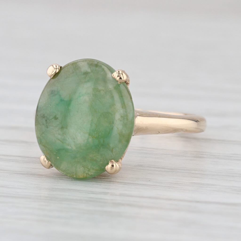 Oval Cabochon Green Jadeite Jade Solitaire Ring 14k Yellow Gold Size 6
