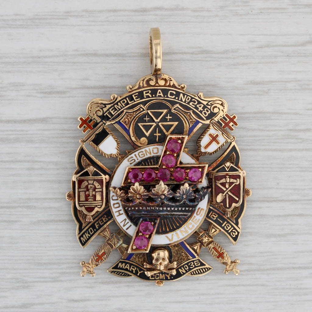 Gray Masonic Fob Medallion 14k Gold Lab Created Ruby Diamond York Rite Royal Arch