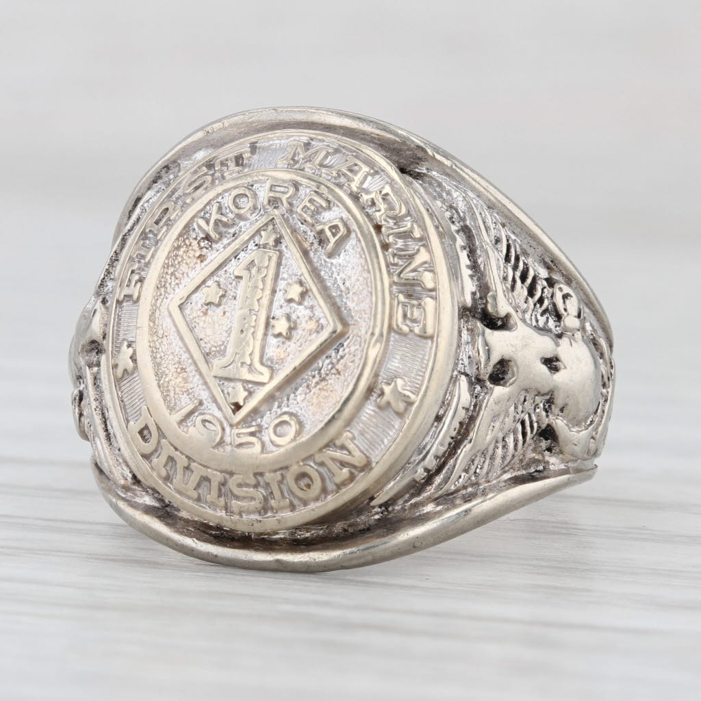 USMC 1st Marine Division Korea 1950 Ring 10k White Gold Size 9.75 Korean War