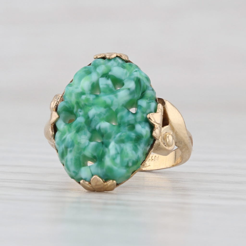 Vintage Pierced Marbled Green Glass Ring 10k Gold Filled