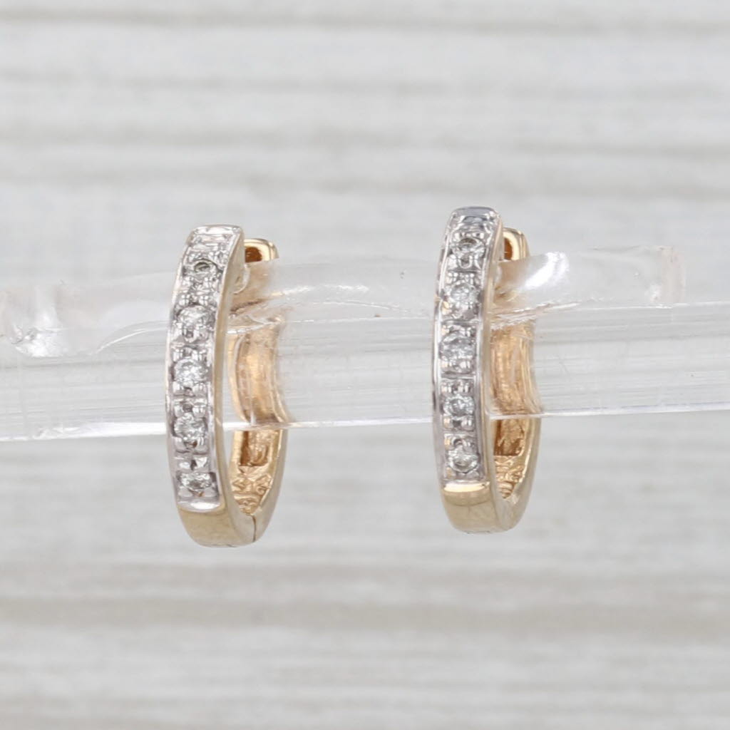 Small Diamond Hoop Huggie Earrings 14k Yellow Gold Hinged Snap Top Hoops
