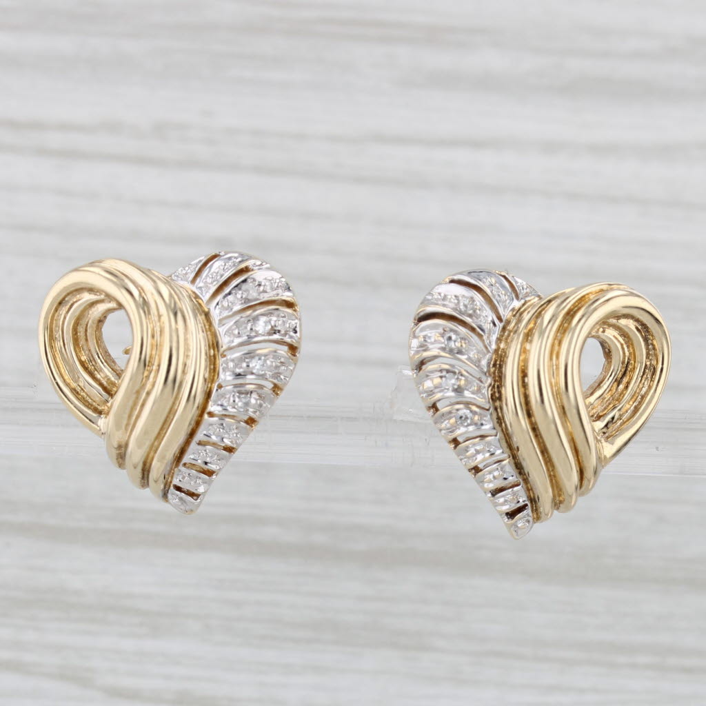 Light Gray Diamond Scalloped Heart Earrings 10k Yellow White Gold Studs