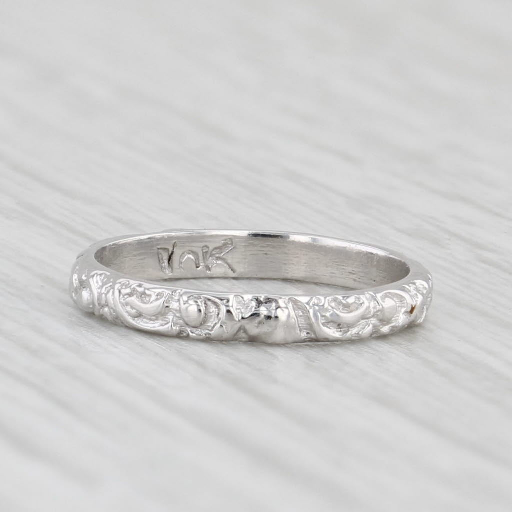 Light Gray Vintage Floral Pattern Baby Ring 10k White Gold Small Size Band