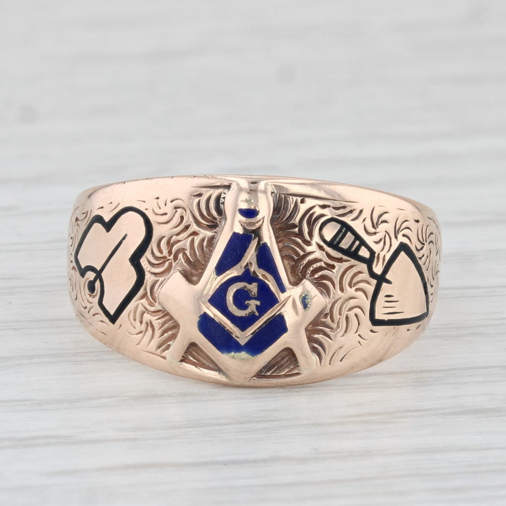 Light Gray Vintage Masonic Signet Ring 10k Gold Sz 9 Cigar Band Blue Lodge Square Compass