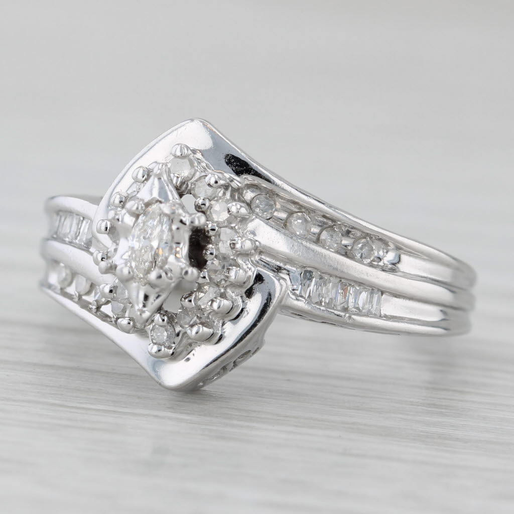 Gray Diamond Bypass Engagement Ring Bridal Set 10k White Gold Size 7.25