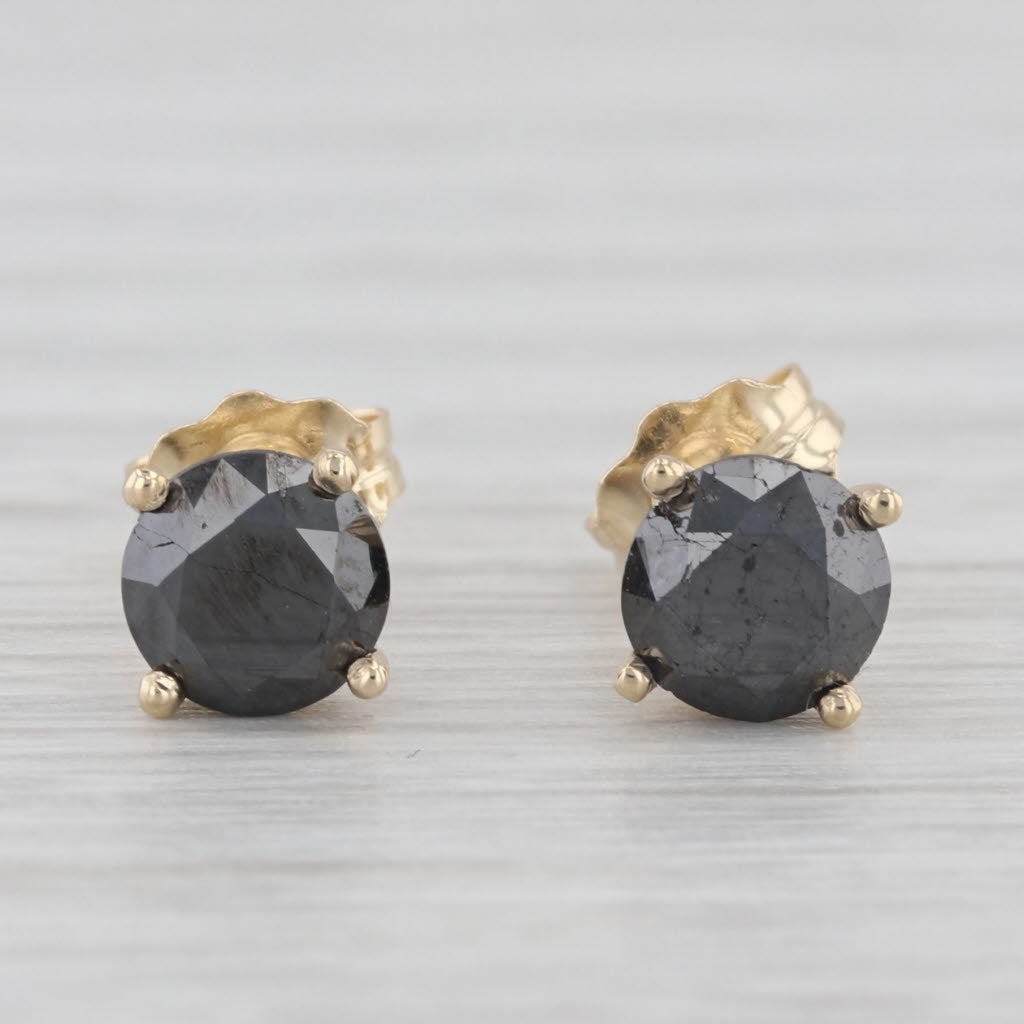 Light Gray New 1.31ctw Black Diamond Stud Earrings 14k Yellow Gold Round Solitaires