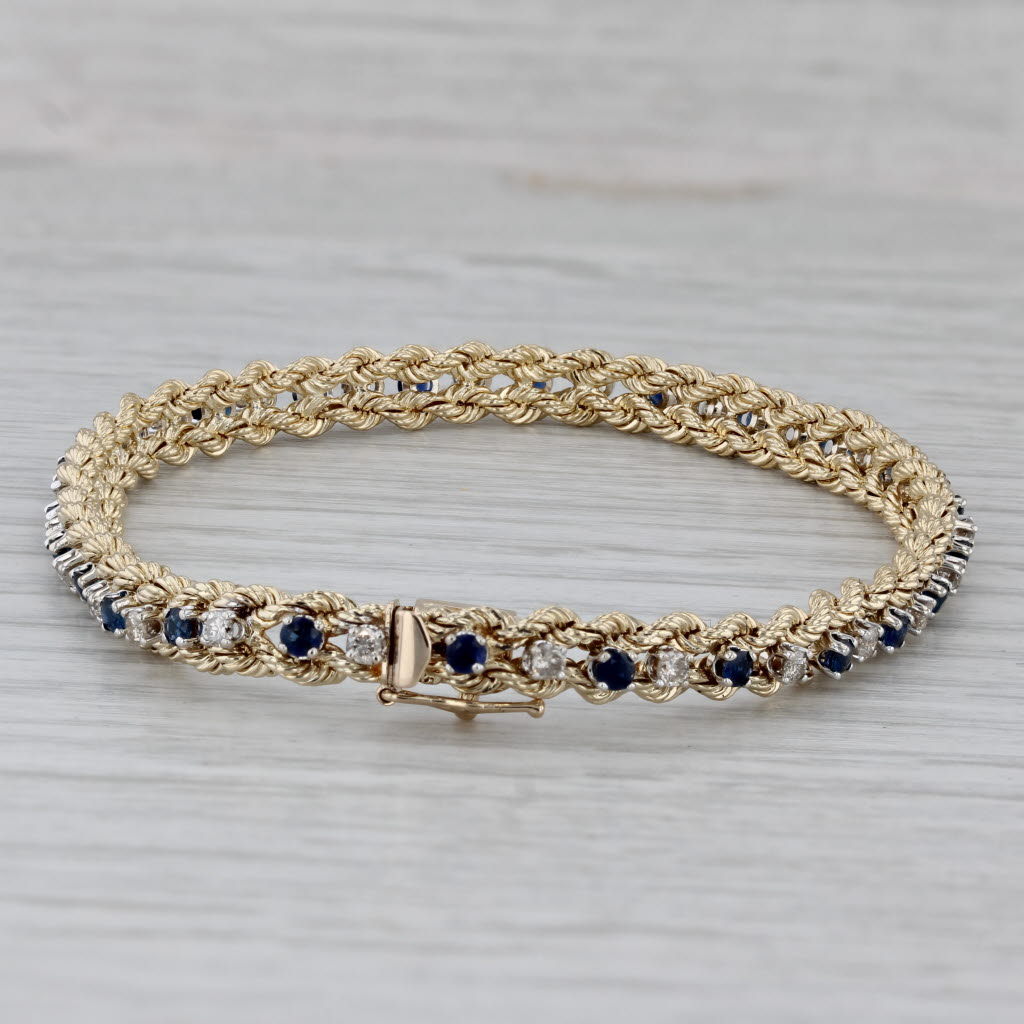 Gray 1.92ctw Blue Sapphire Diamond Tennis Bracelet 14k Yellow Gold 6.5" Rope Chain