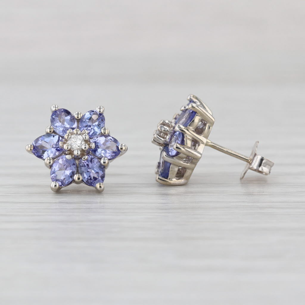 1.26ctw Tanzanite Diamond Flower Stud Earrings 14k White Gold Studs