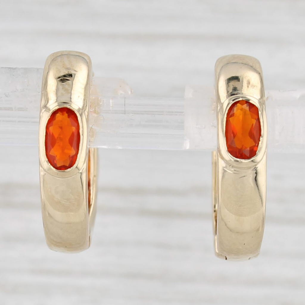 Light Gray 0.52ctw Fire Opal Hoop Huggie Earrings 14k Yellow Gold Hinged Snap Top