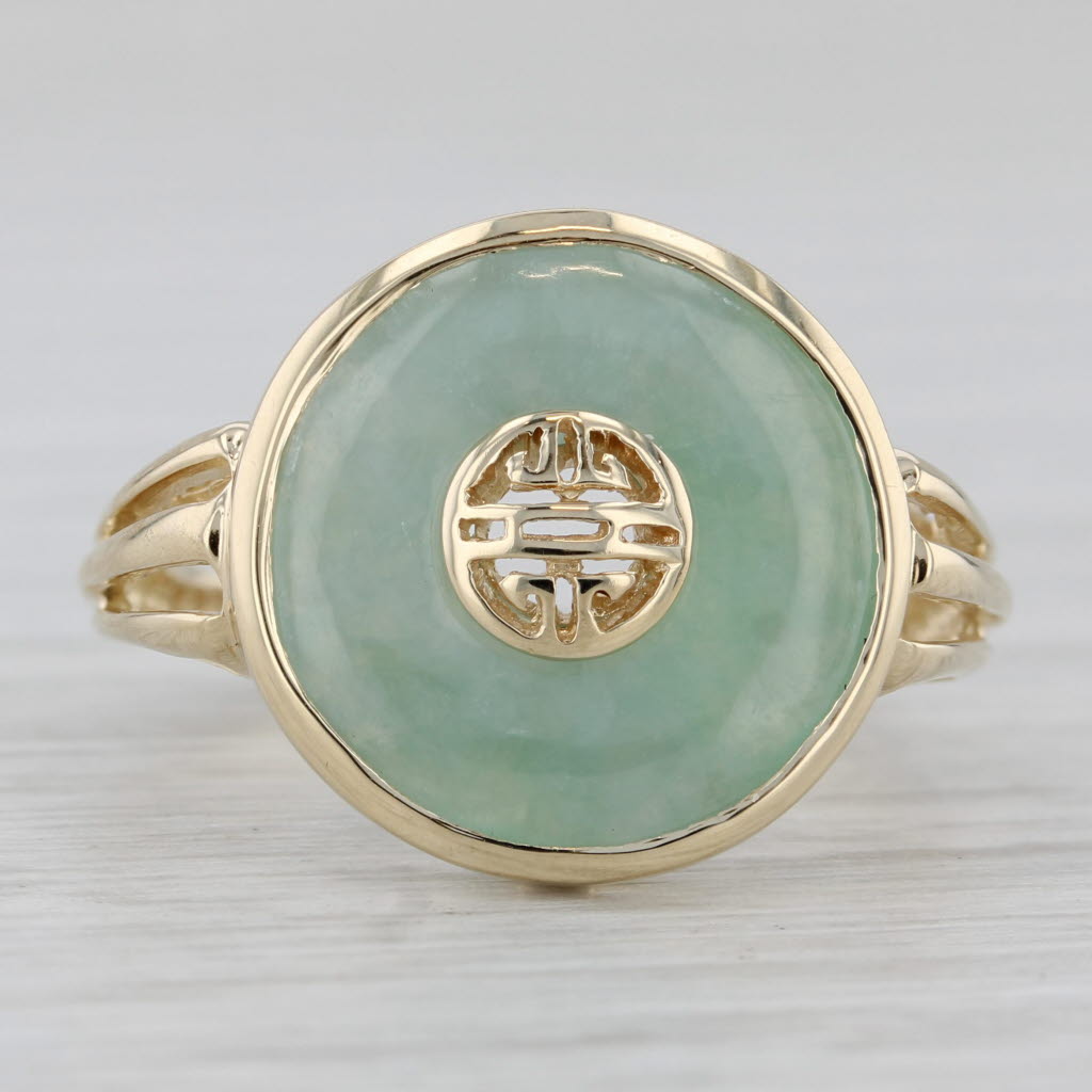 Gray Green Jadeite Jade Torus Chinese Calligraphy Ring 14k Yellow Gold Size 7.75