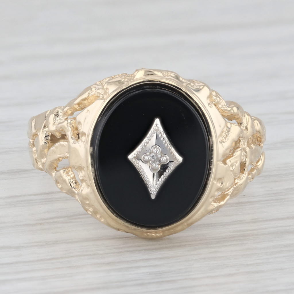 Light Gray Onyx Diamond Signet Nugget Ring 10k Yellow Gold Size 10 Men's