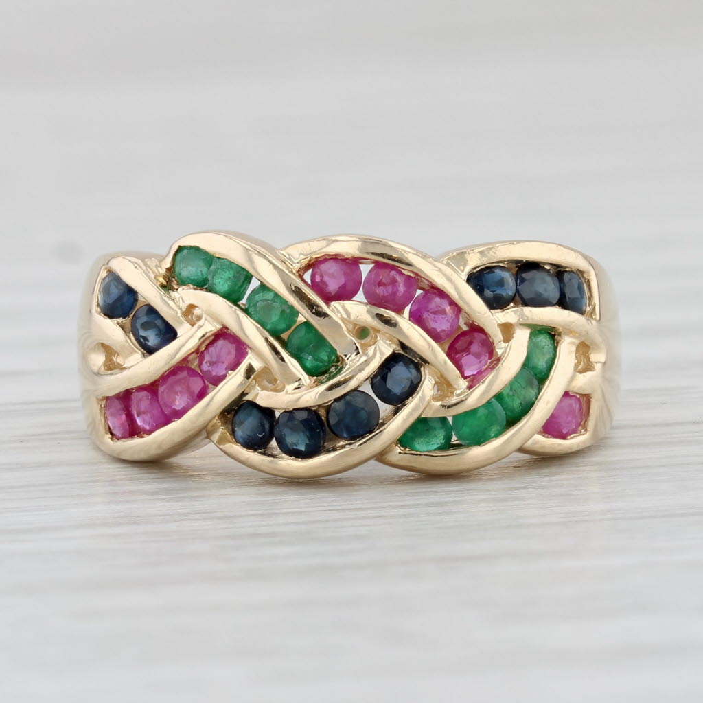 Light Gray 0.72ctw Ruby Emerald Sapphire Woven Gemstone Ring 14k Yellow Gold Size 6.5