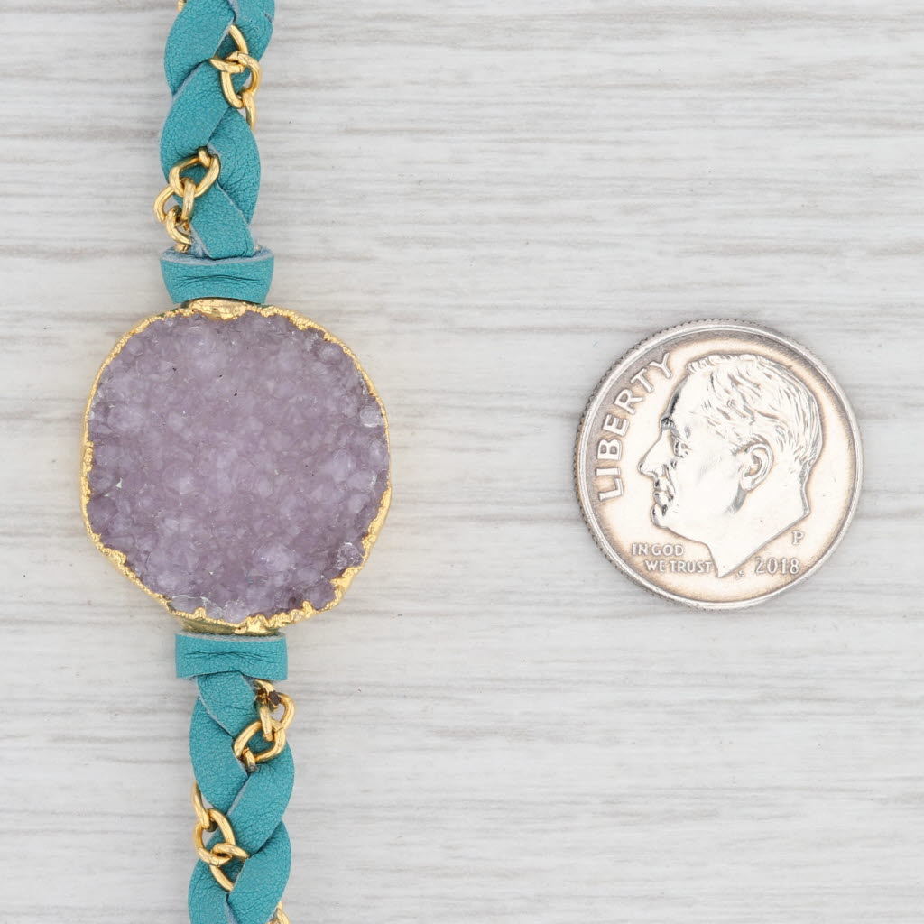 New Nina Wynn Cordelia Necklace Pink Druzy Quartz Pendant Teal Leather