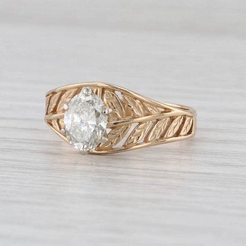 1.10ct Oval Diamond Solitaire Engagement Ring 14k Yellow Gold Size 8.5 Leaf Band