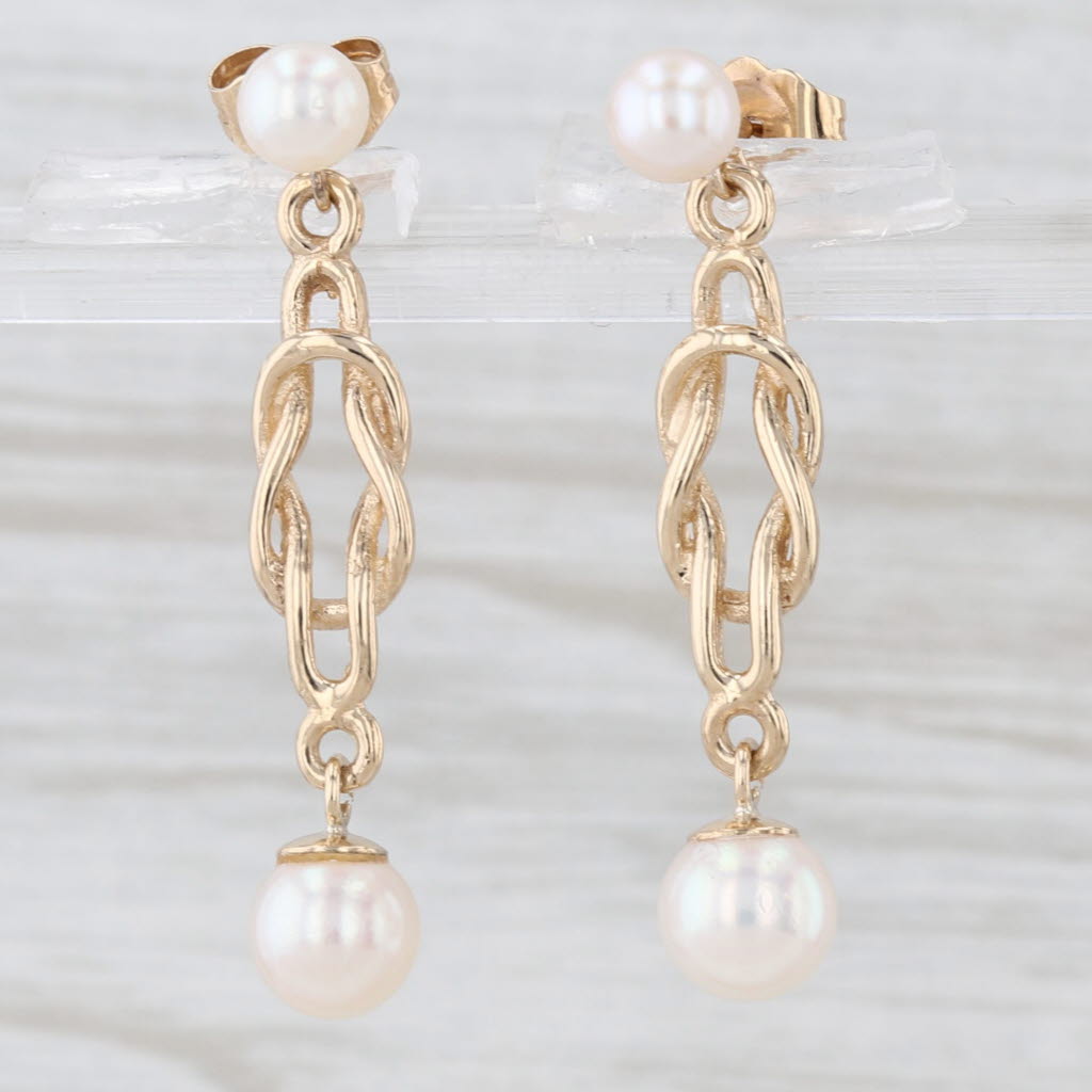 Light Gray Vintage Saltwater Cultured Pearl Dangle Earrings 9k Yellow Gold Knot Drops