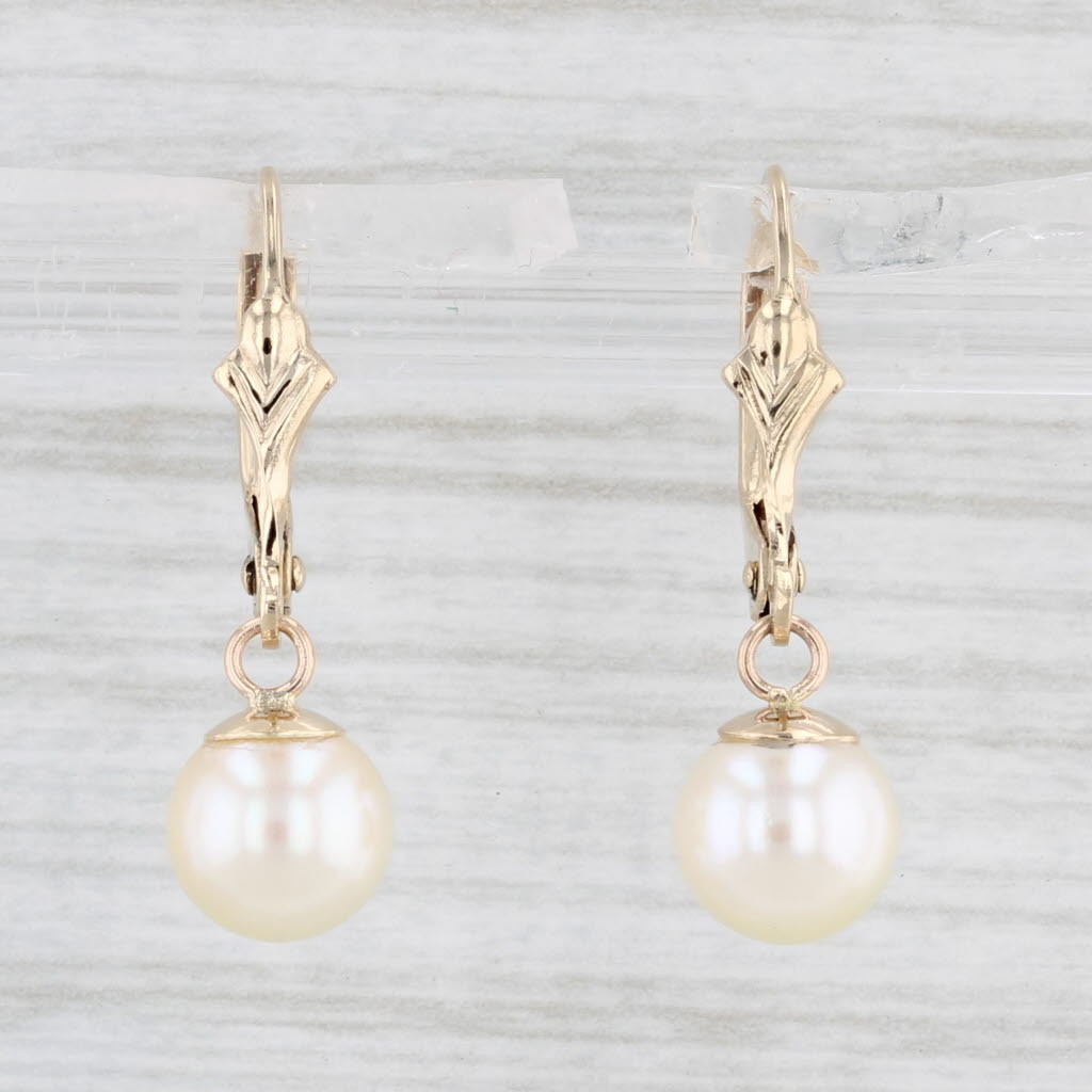 Light Gray Cultured Pearl Dangle Earrings 14k Yellow Gold Lever Back Drops