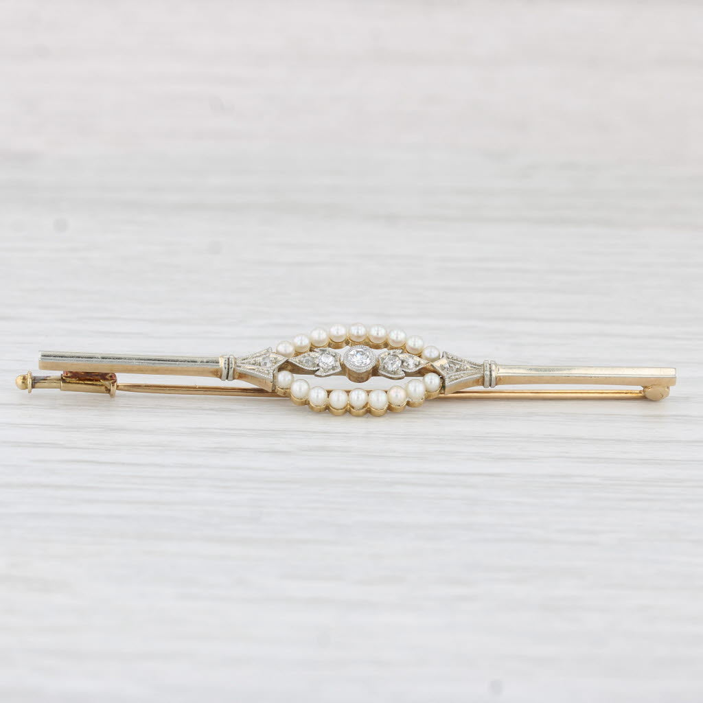 Light Gray Vintage Pearl Diamond Bar Pin 14k Yellow Gold Brooch