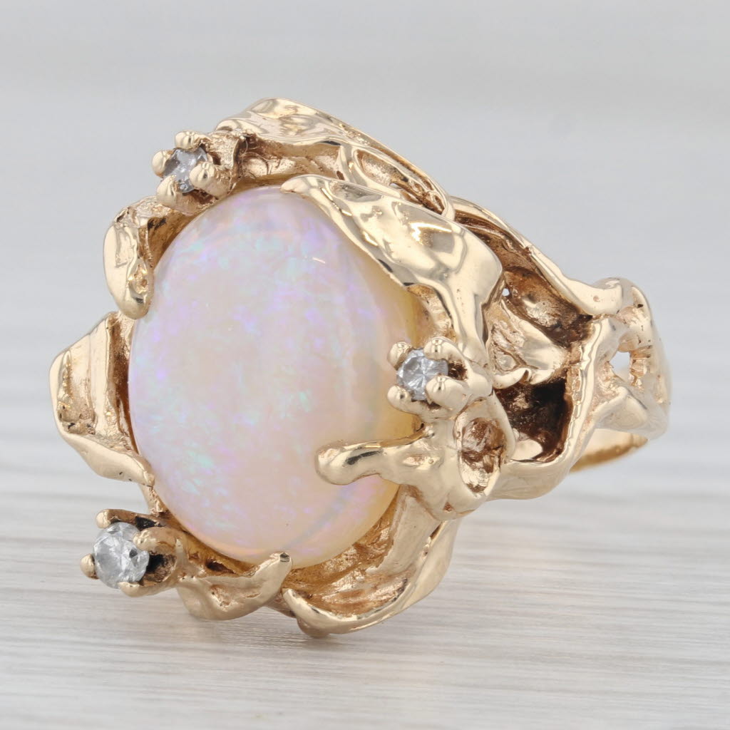 Light Gray Opal Oval Cabochon Diamond Nest Ring 14k Yellow Gold Size 7.75