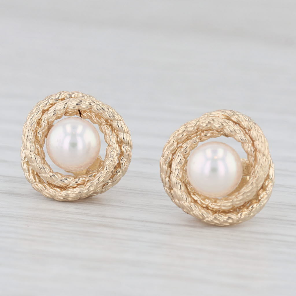 Light Gray Round Cultured Pearl Knot Stud Earrings 14k Yellow Gold