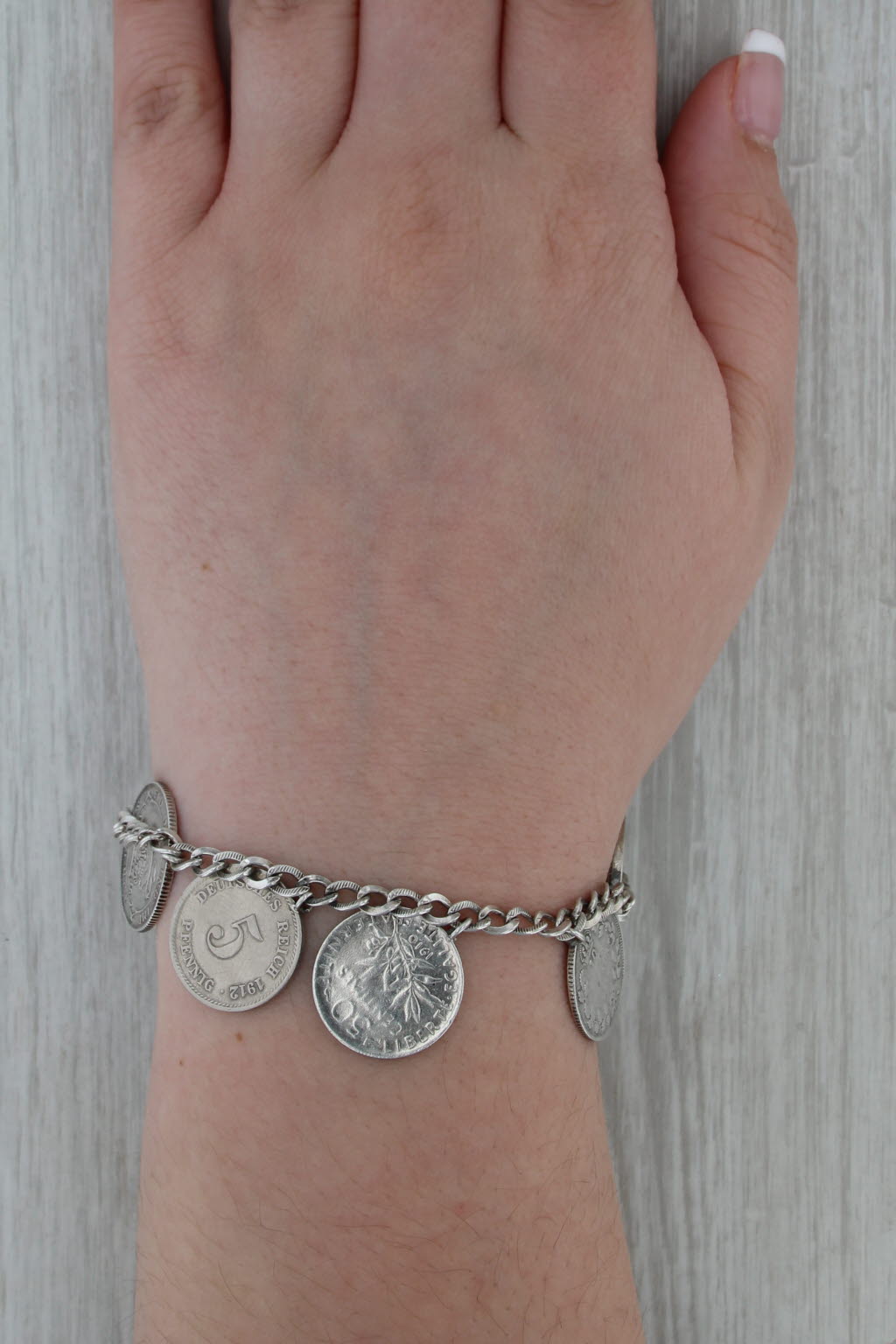 European Coin Charm Bracelet Sterling Silver Curb Chain 6.75"