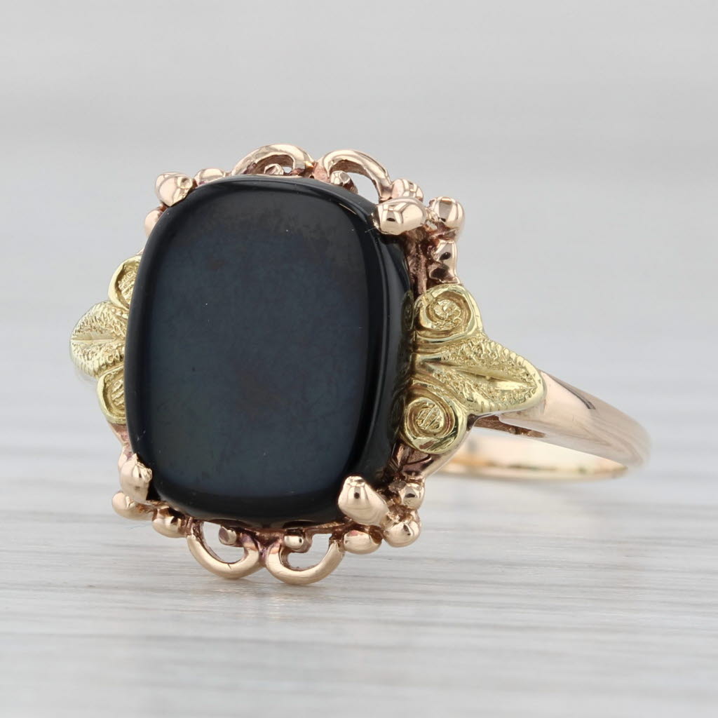 Light Gray Vintage Onyx Ring 10k Tri-toned Gold Size 7.5 Cushion Solitaire