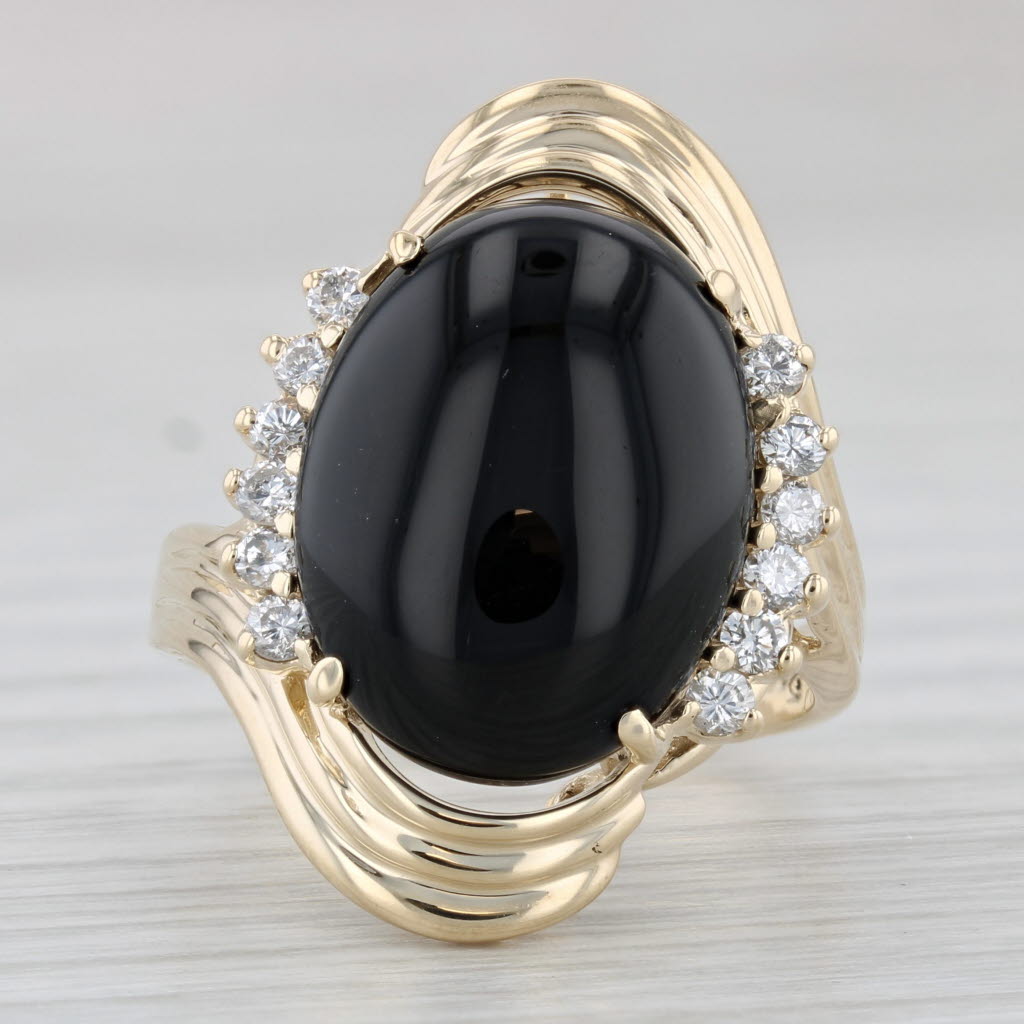 Light Gray Oval Onyx Cabochon 0.28ctw Diamond Ring 14k Yellow Gold Size 6.5