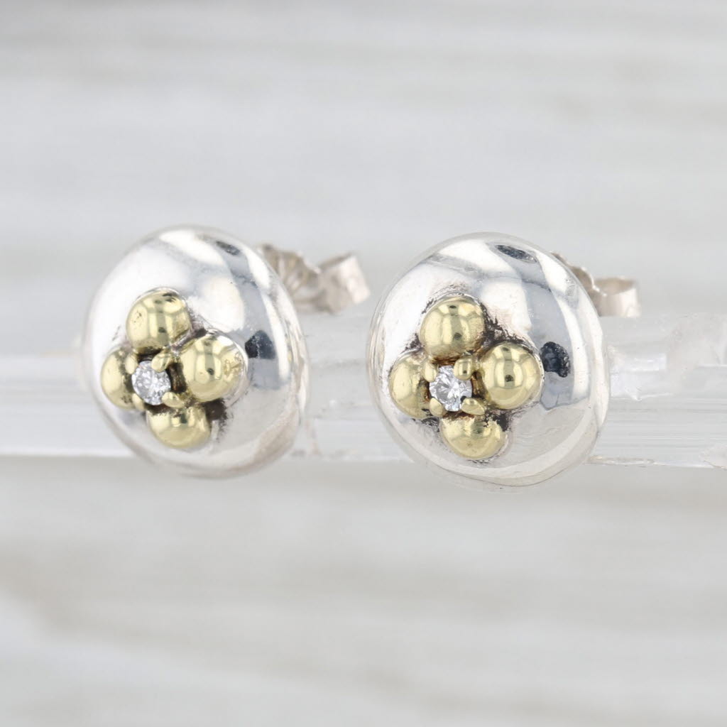 Slane & Slane Diamond Flower Stud Earrings Sterling Silver 18k Gold Studs