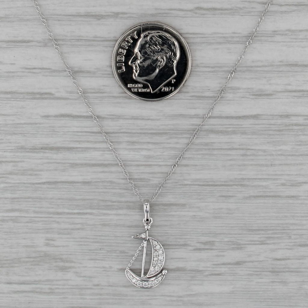New Diamond Sailboat Pendant Necklace 14k White Gold 18" Singapore Chain