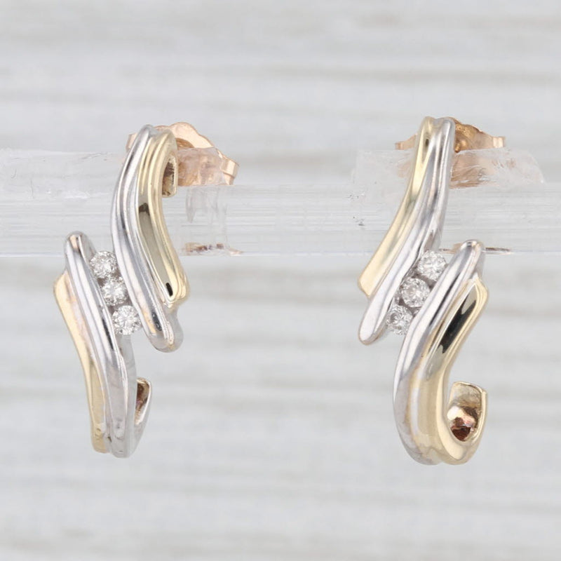 Diamond 3-Stone Bypass Earrings 10k Yellow White Gold Pierced J-Hook Drops