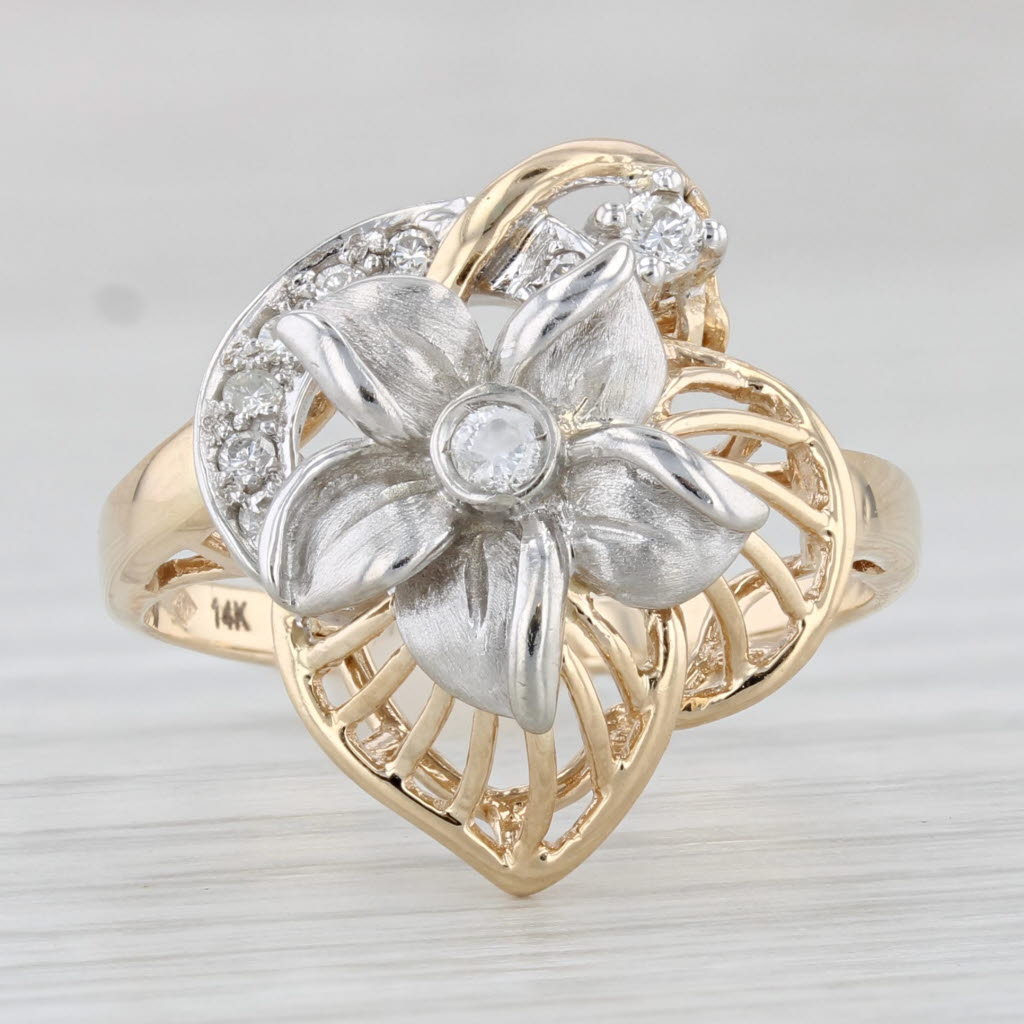 Light Gray 0.11ctw Diamond Flower Ring 14k White Yellow Gold Size 7.5