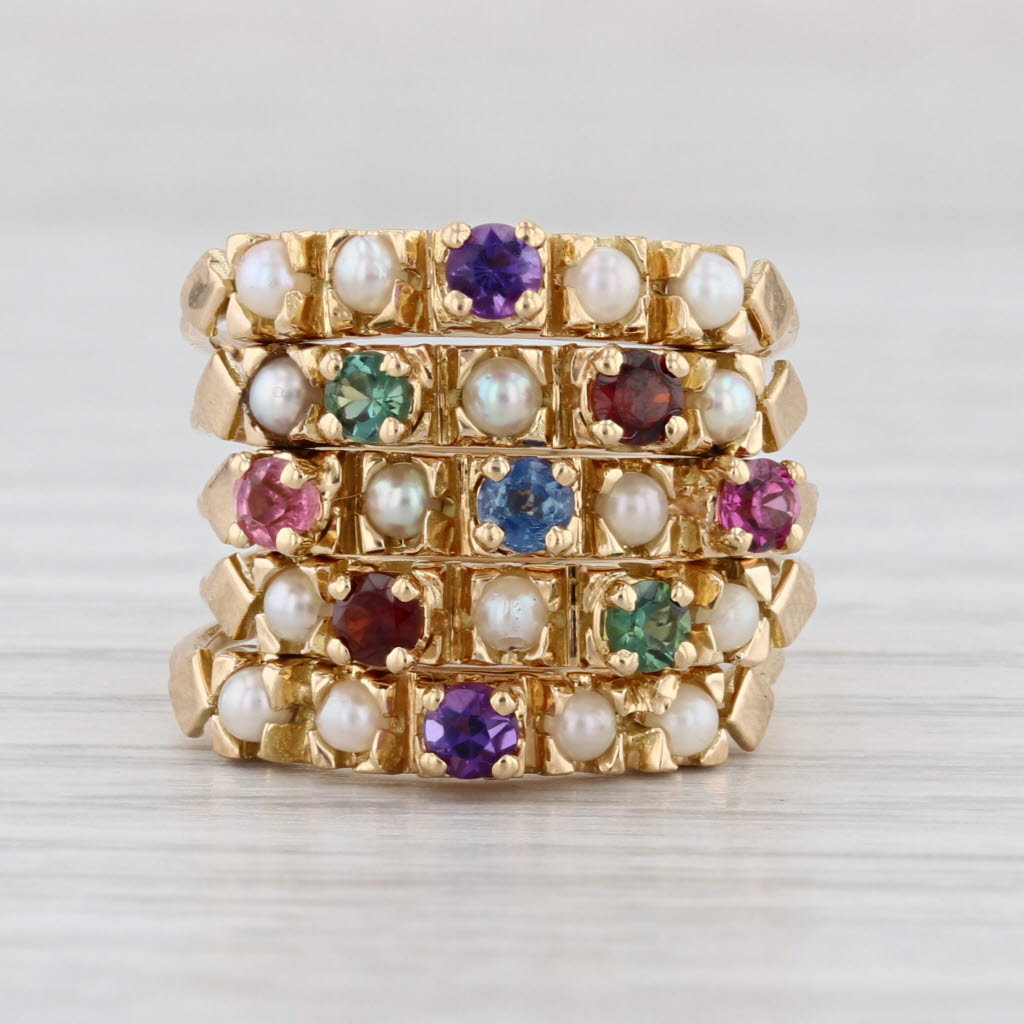 Vintage Gemstone Multiband Harem Ring 18k Gold French Size 5.5 Stacking
