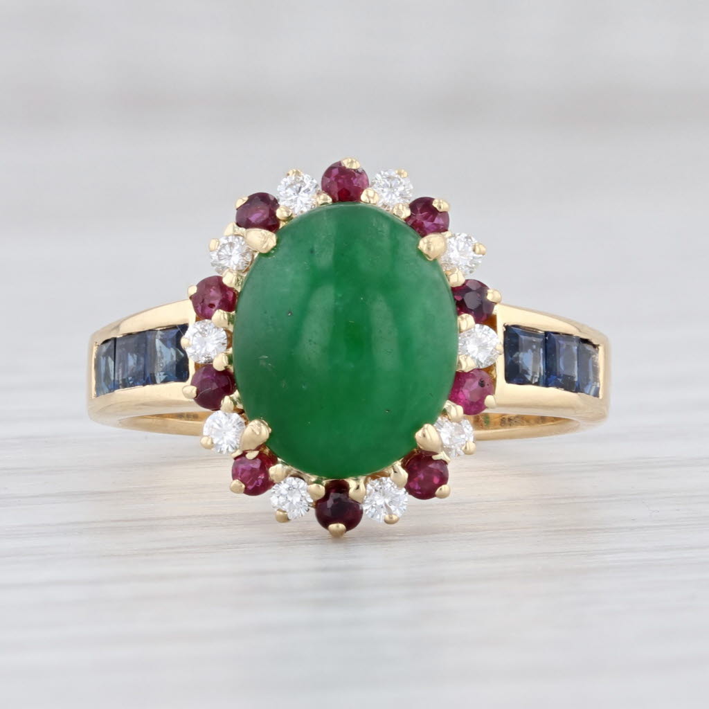 Light Gray Jadeite Jade Diamond Ruby Halo Sapphire Ring 18k Yellow Gold Size 7