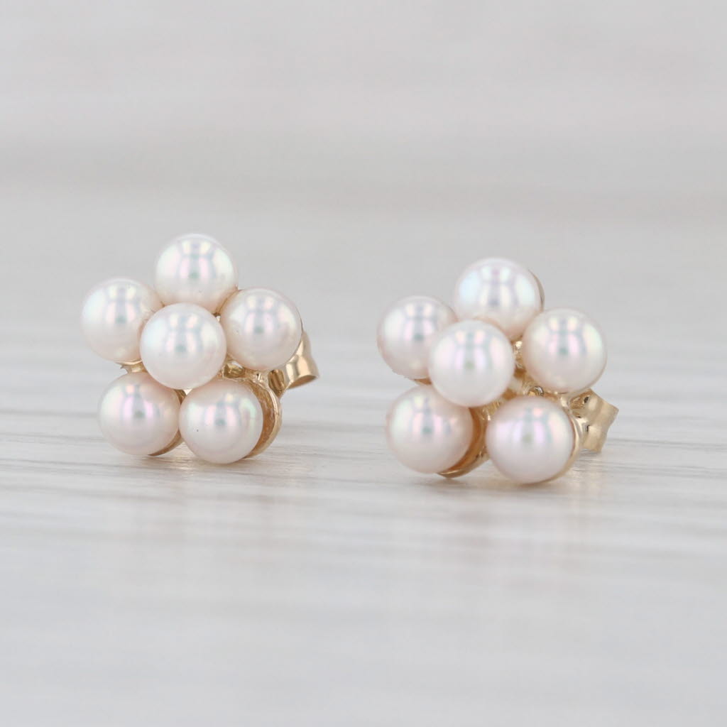 Vintage Cultured Pearl Cluster Stud Earrings 14k Yellow Gold Studs