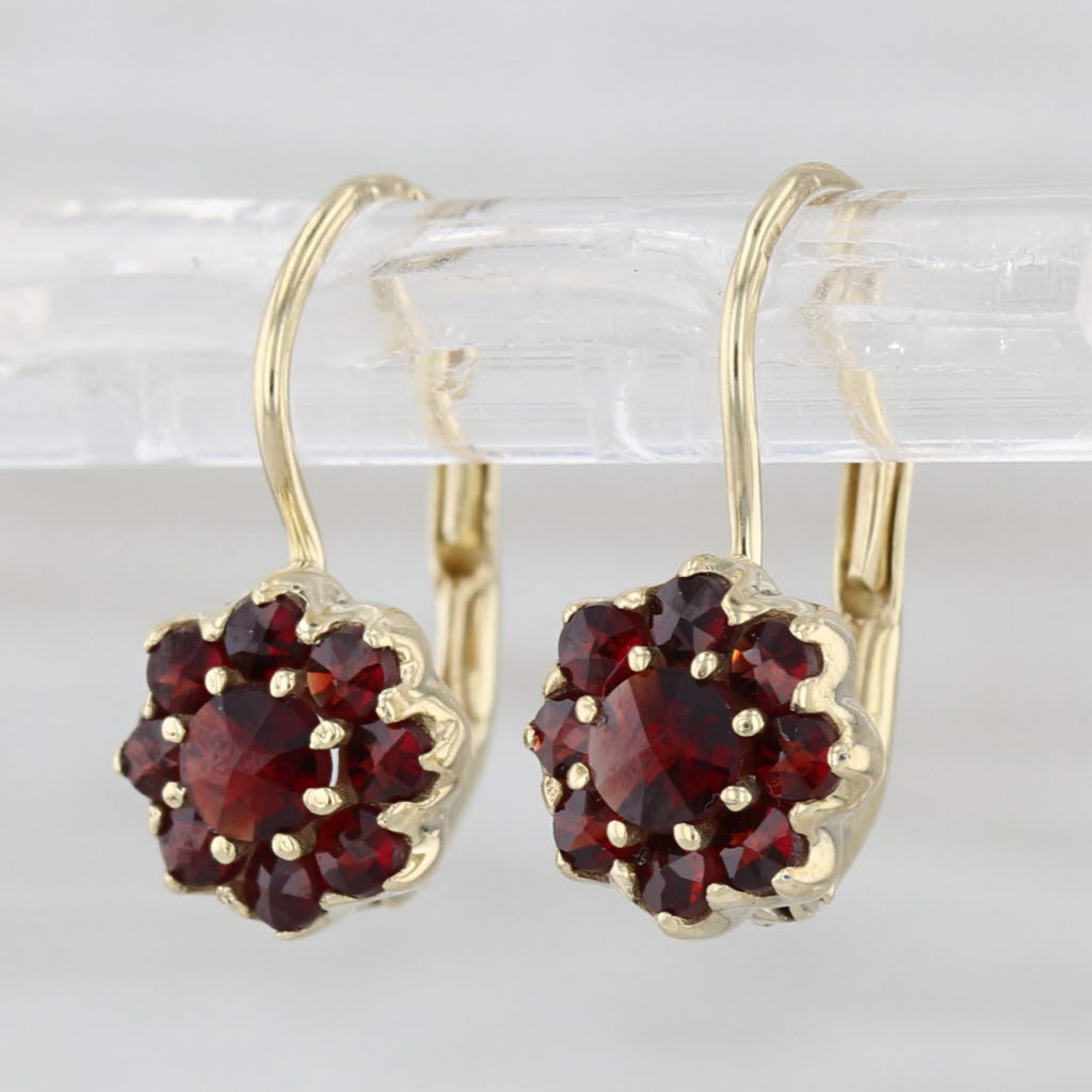 0.75ctw Garnet Flower Earrings 14k Yellow Gold Leverback Drops