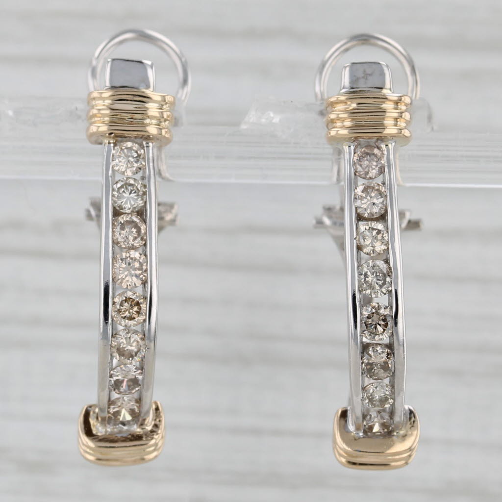 Gray 0.80ctw Diamond J-Hook Earrings 14k White Yellow Gold Omega Back Drops