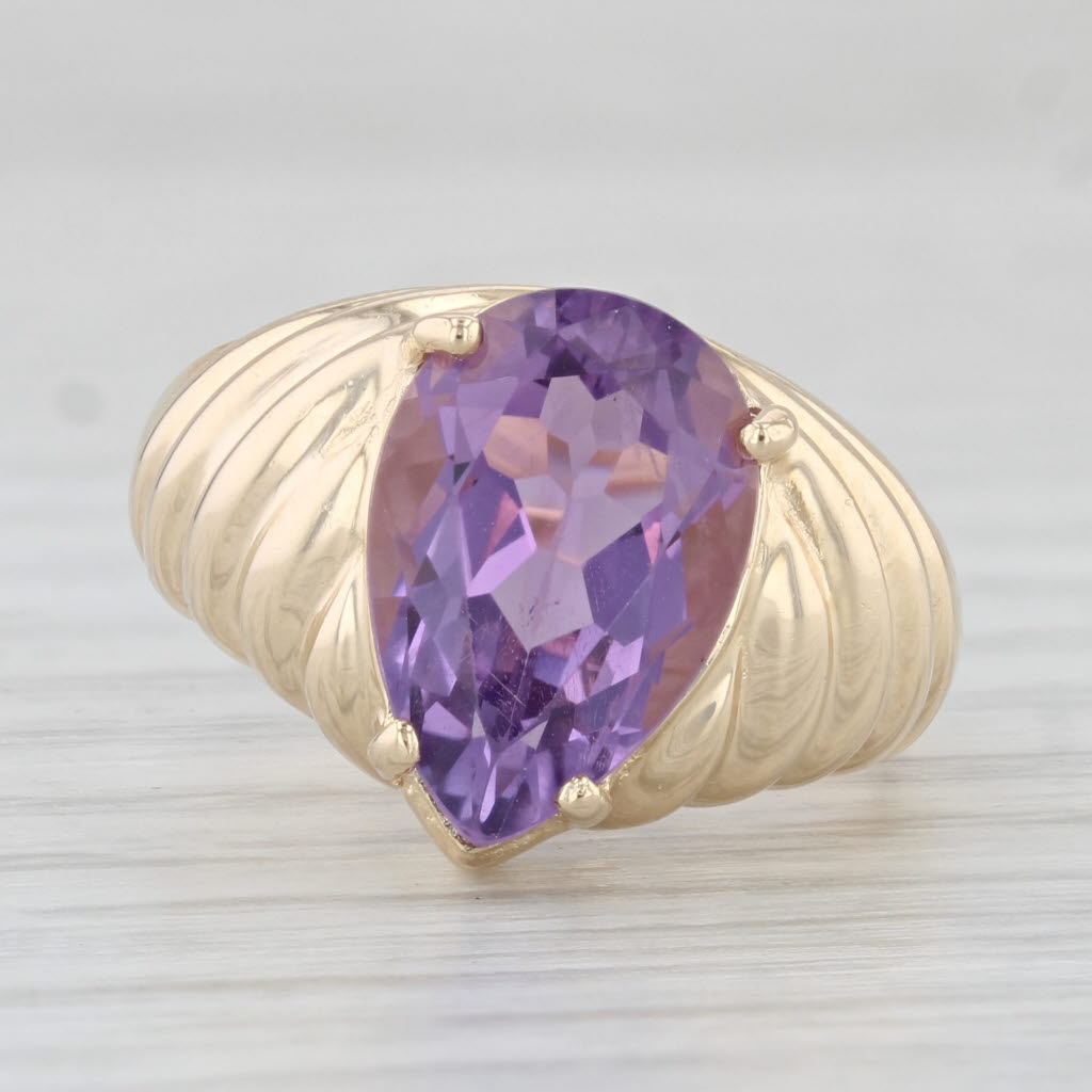 Light Gray 2.50ct Amethyst Pear Solitaire Ring 14k Yellow Gold Size 6 Scalloped Band