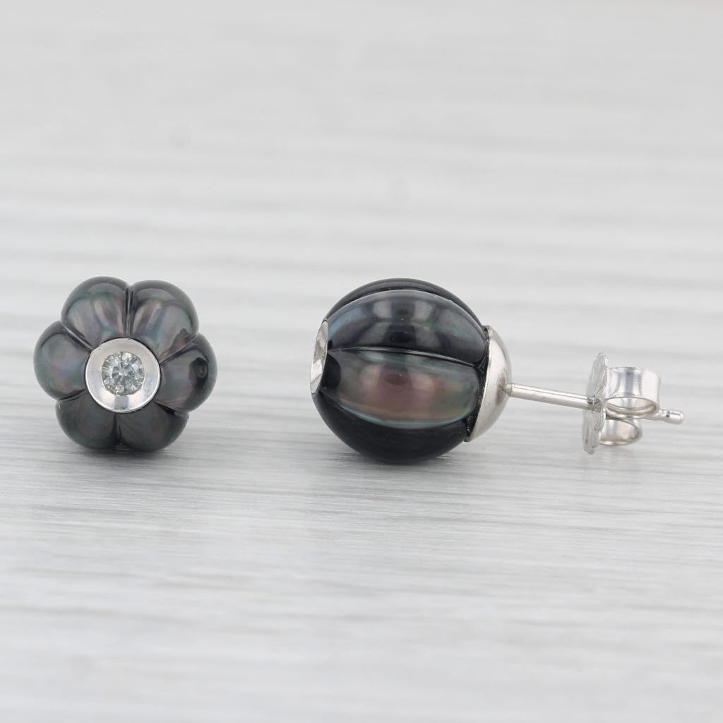 Light Gray New Cultured Black Pearl Dark Poppy Diamond Stud Earrings 14k Gold Galatea