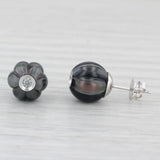 New Cultured Black Pearl Dark Poppy Diamond Stud Earrings 14k Gold Galatea