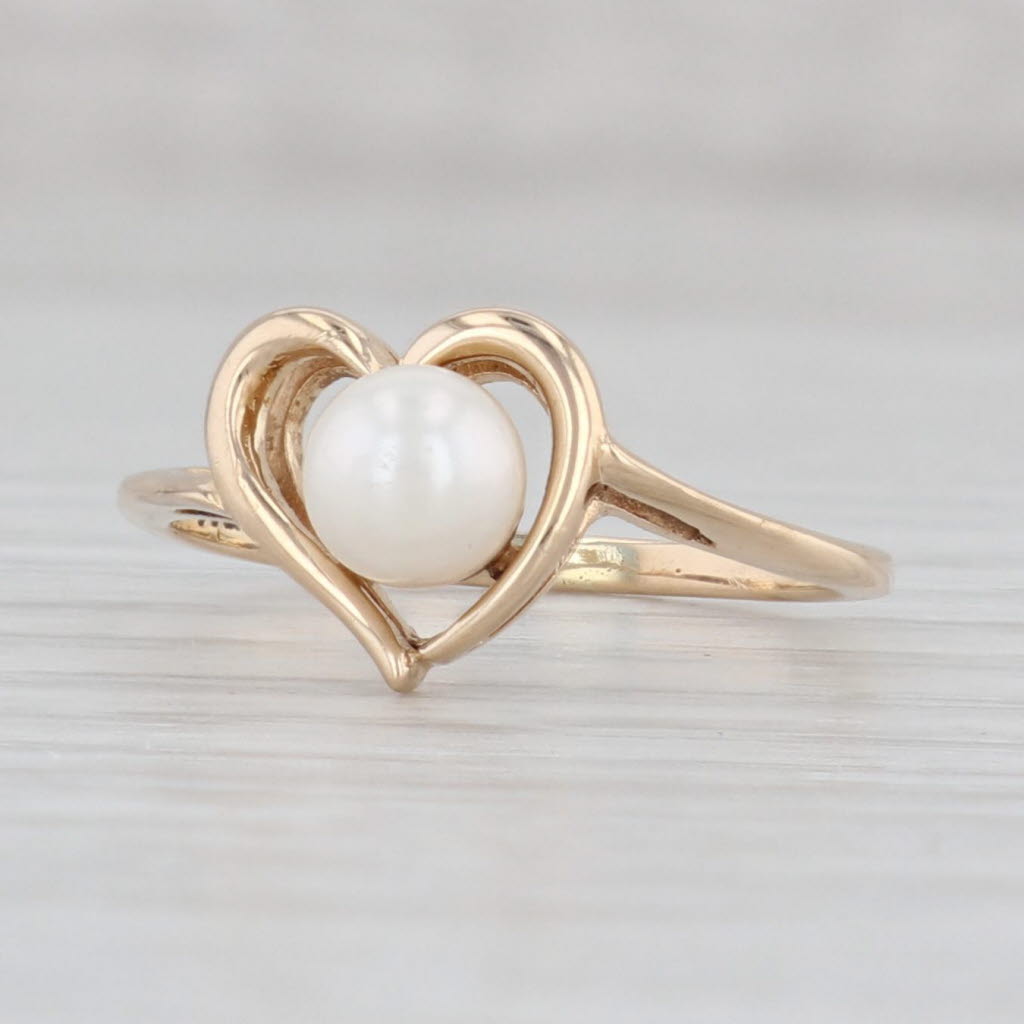 Light Gray Cultured Pearl Solitaire Heart Ring 14k Yellow Gold Size 5 June Birthstone