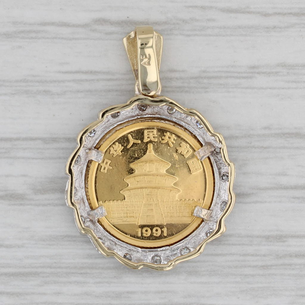 Gray 1991 Chinese Panda Coin Pendant Diamond Bezel 14k 999 Yellow Gold 5 Yuan