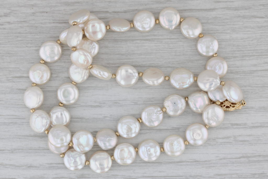 Gray Freshwater Coin Pearl Single Strand Bead Necklace 14k Yellow Gold 18"